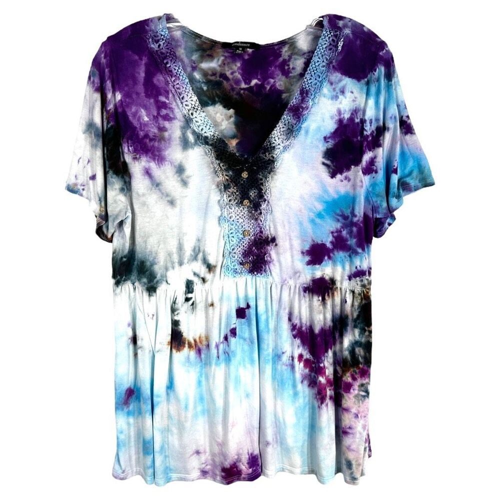 Ambiance Plus Size 1X Top‎ Floral Arrangement Tie Dye Handmade Purple Black 1212